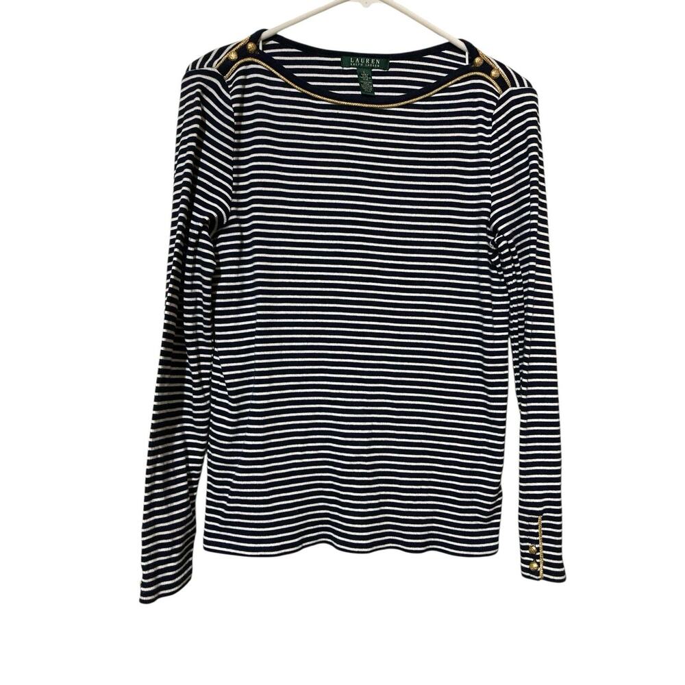 Lauren Ralph Lauren Top Women’s Size Large Navy Blue Gold Striped Boat‎ Neck